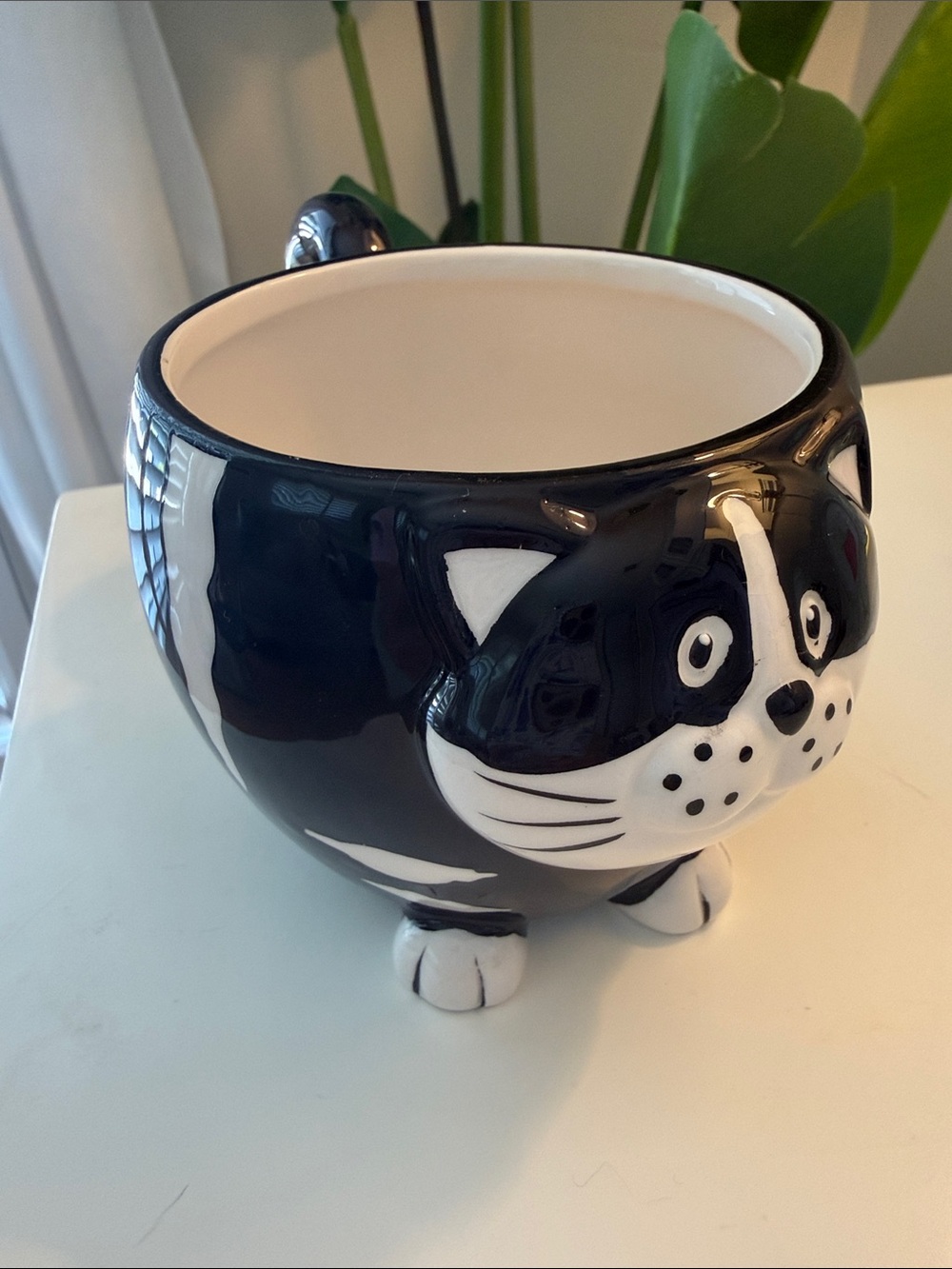 Chubby Cat Mug Pier 1 Imports Black & White Coffee Cup Hand Painted 12 oz